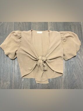 Altar’d State Brown Tie Front Cropped Blouse Puff Sleeve Size S